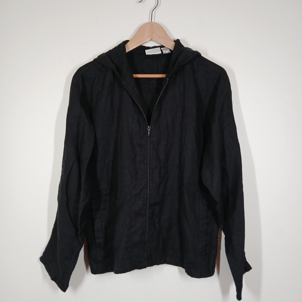 Chico's Design Jacket Womens M Black Linen Hoodie Full Zip Hooded Lightweight
